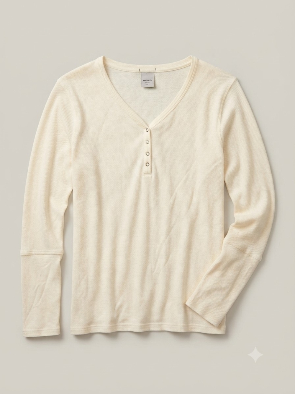 Women's Cream V-Neck Henley Waffle Knit Long Sleeve Top Button Sz Large